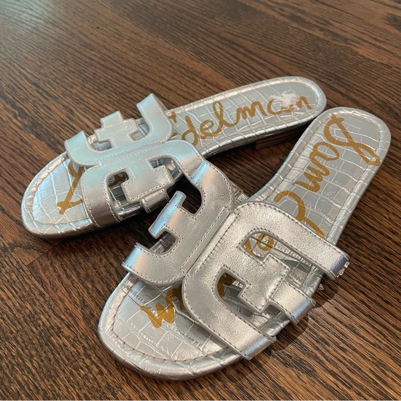 SAM EDELMAN Bay Slide Sandal Silver Leather Slip On Sandals - Picture 1 of 9